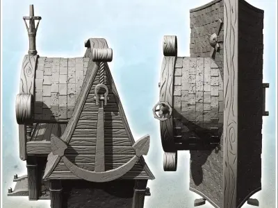 Hull-shaped pirate building with large decorative anchor mast 3  3D print model