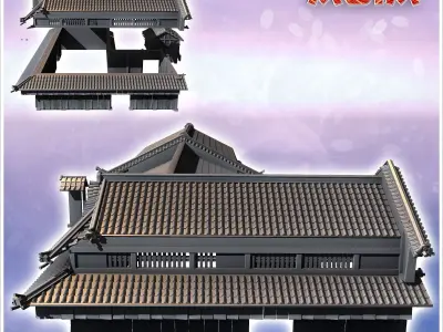 Set of two large Asian tiled roofed buildings with two market st 3D print model