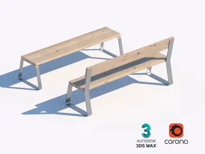 Minimalist Wood and Metal Bench Set for Public Spaces 3D model