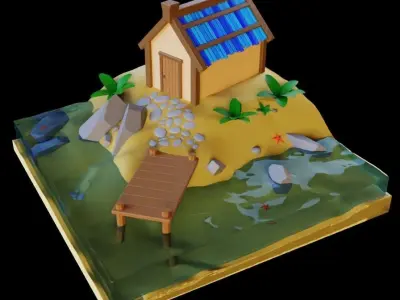 A house on the beach with a pier 3D model