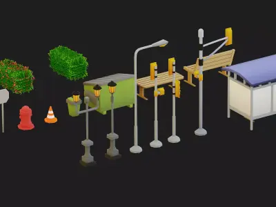 Low Poly City Street Props Pack - 17 Game Ready Assets Low-poly 3D model