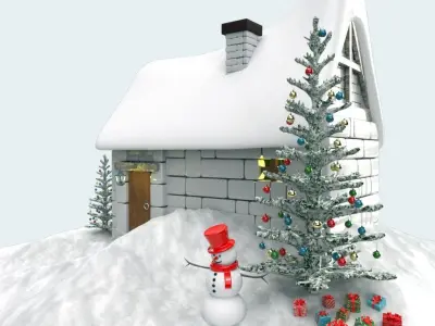 Christmas house on island with snow 3D model