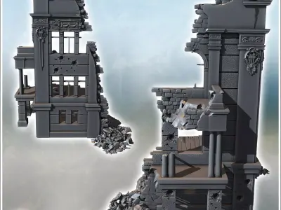 Narrow damaged building with decorative elements and broken wall 3D print model