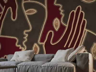 Luxe Line Art Faces Mural Texture  Texture