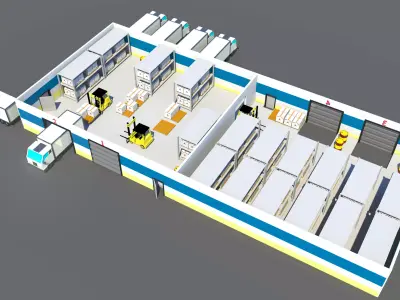 3D model Low Poly Warehouse with Forklift and Truck Low-poly 3D model