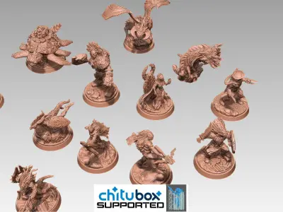 Scifi Fantasy Minis Thirteen 3D printable characters and bases 3D model
