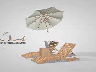 Beach Set-Chairs-Cooler and Parasol 3D Model 3D model