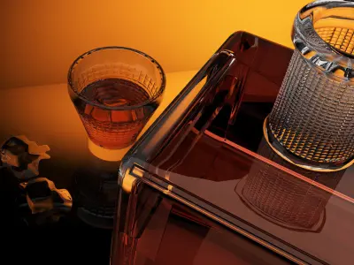 Square whisky bottle and glass with ice cubes 3D model