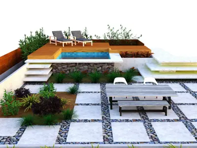 Modern Backyard Pool and Greenery 3d Low-poly 3D model