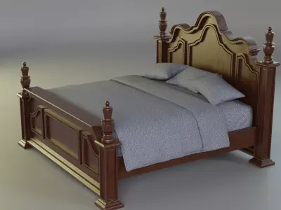 Vintage Wooden Bed with Patterned Bedding Low-poly 3D model