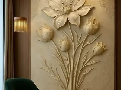 Modern Flower Bouquet Relief Wall Decor Set STL Mural CNC 385  3D model
