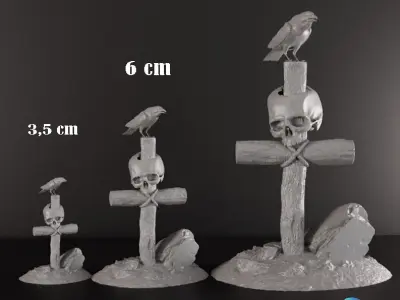 Gothic Cross  Skull  and Crow Diorama STL 3 Sizes Pre-supported 3D print model
