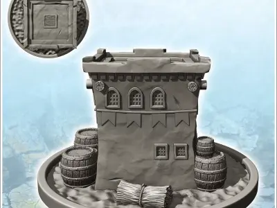 Medieval house on pedestal with flat roof and exterior accessori 3D print model