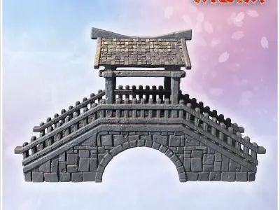 Ornamental stone bridge with steep stairs wooden railings and ti 3D print model