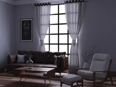 Modern Living  Room set - with curtain Low-poly 3D model