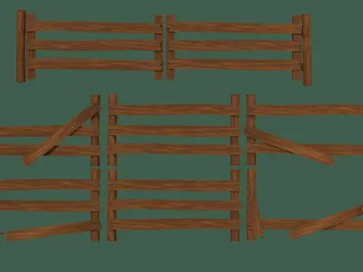Low-poly Fence and gate with handpainted textures Low-poly 3D model