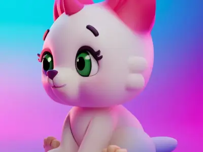 Neon Pink Cat 3D Glowing Cartoon Character Green Eyes Low-poly 3D model