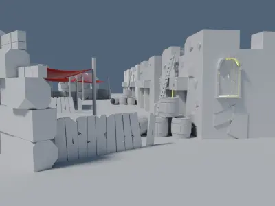 Low Poly Village street with buildings and umbrellas 3D model