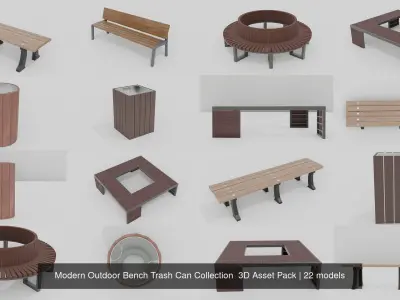 Modern Outdoor 20 Bench 2 Trash Can Collection  3D Asset Pack