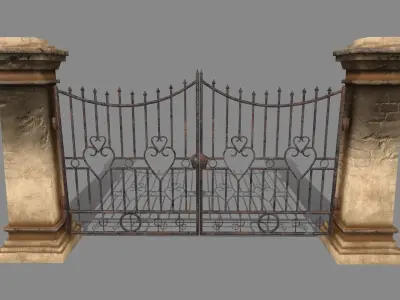 wall set stone with iron railings Low-poly 3D model