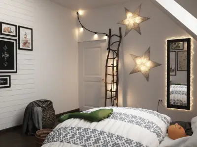 The Room attic bedroom with lights and bed Low-poly 3D model