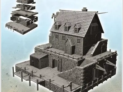 Large medieval building on stone platform with port 9 - Pirate J 3D print model