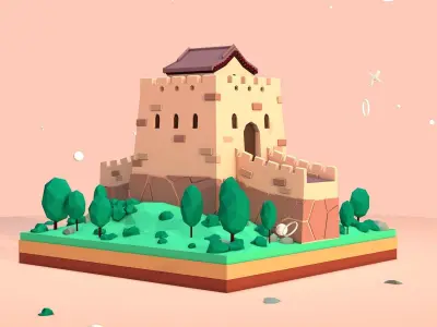 Cartoon Low Poly Great Wall China Illustration Low-poly 3D model