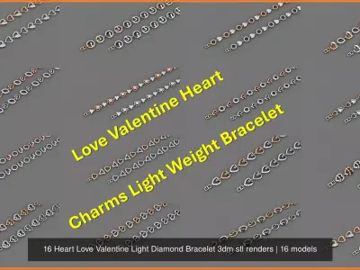 16 Heart Love Valentine Light Diamond Bracelet 3dm stl renders 3D Model Pack