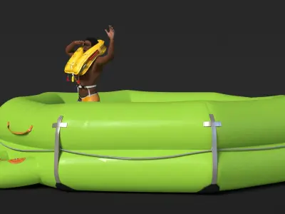  Man in Life Vest on Inflatable Raft 