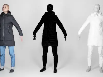 Young woman in a black down jacket in A-pose 165 Low-poly 3D model