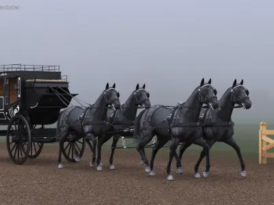  Four Black Horses Harness with Stagecoach 