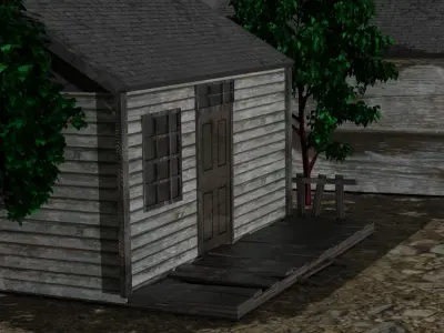 house model with church and a well Low-poly 3D model