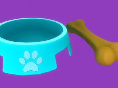 Stylized Light Blue Pet Bowl and Bone Toy Free low-poly 3D model