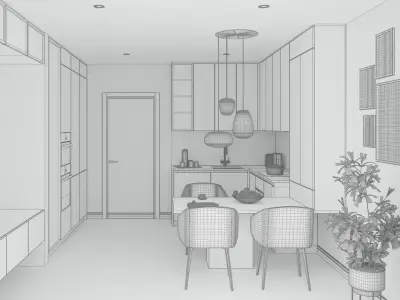 U-Shape modern mini kitchen in blue and walnut 3D model 3D model