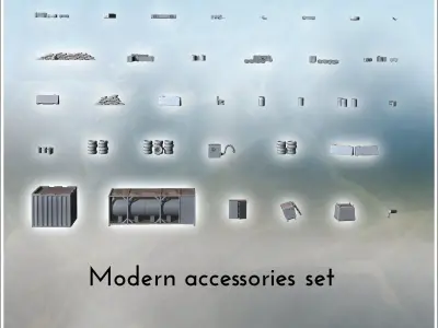 Modern accessory set with containers tires and sandbags 2 3D print model