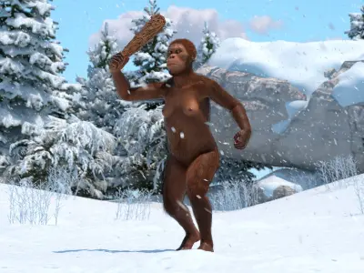  Prehistoric Hominid with Wooden Club in Attack Pose Fur for Cinema 4D 