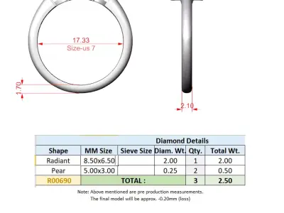 Radiant Cut Three Stone Engagement Ring CAD Model 3D print model