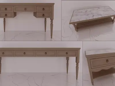 Classic Wooden Console Table With Marble Top Set 3D model