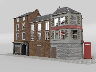 Uk town buildings with telephone and post box Low-poly 3D model