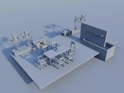 Architectural Wood Deck and Fountain Set Low-poly 3D model