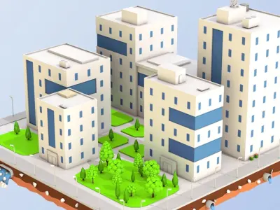 Low Poly City Block Office Buildings Low-poly 3D model