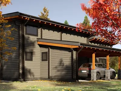 3D model of a wooden house with three bedrooms 3D model