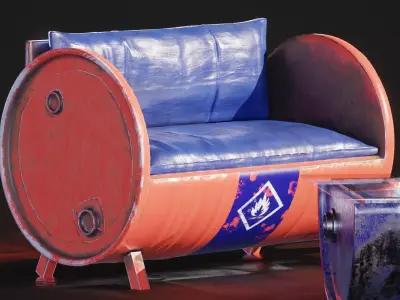 Industrial-style barrel furniture set Low-poly 3D model