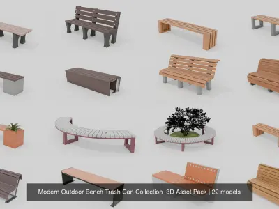 Modern Outdoor 20 Bench 2 Trash Can Collection  3D Asset Pack