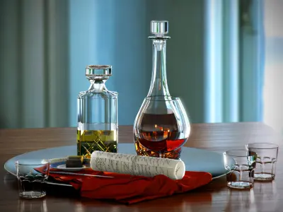 Set whiskey and cognac decanter on dish 3D model