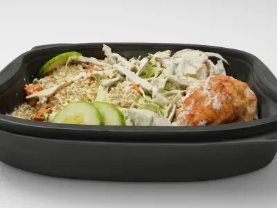 Poke bowl lunch box with pilaf cucumber meat ball and salad 3D model