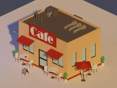 Low Poly Cafe building with tables and chairs Low-poly 3D model