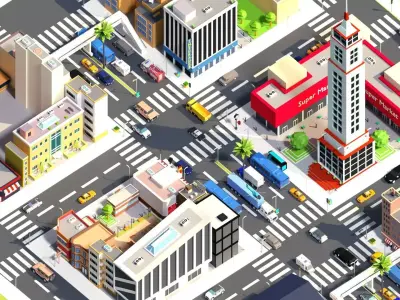 Low Poly City building with windows and balconies Low-poly 3D model