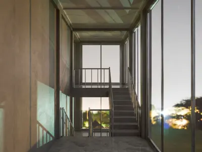 Staircase in a building with large windows Low-poly 3D model