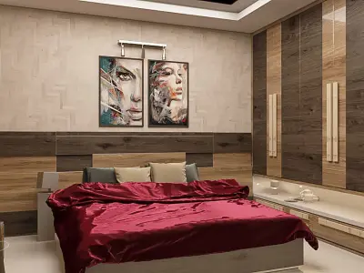 BEDROOM with bed and paintings on wall 3D model